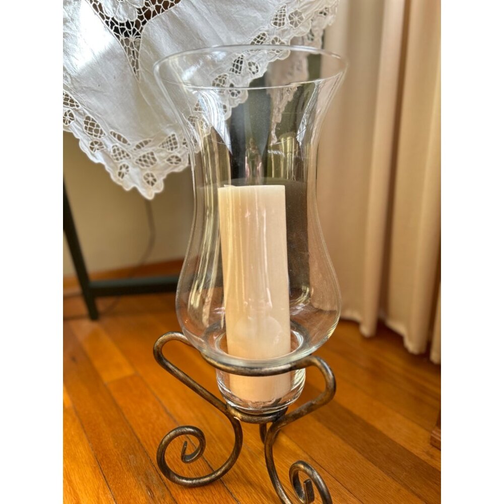 Metal and Blown Glass Hurricane Pillar Candle Holder